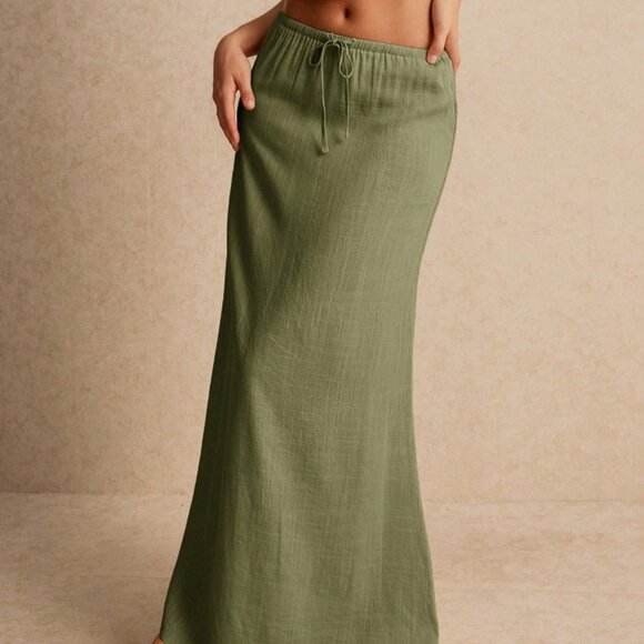Olive Green Casual Women's Maxi Skirt - Picture 3 of 5